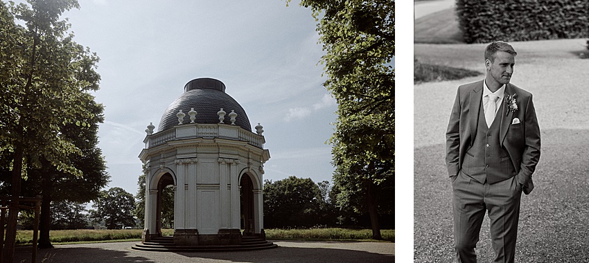 Links: Ein kleines, rundes, weißes Gebäude mit Kuppeldach und Säulen, eingebettet zwischen Bäumen in Hannovers Herrenhäuser Gärten; zu sehen ist der Tempel Remy de la Fosse II. Rechts: Ein Bräutigam im Anzug steht im Freien kurz vor dem First Look mit seiner Braut und blickt zur Seite.