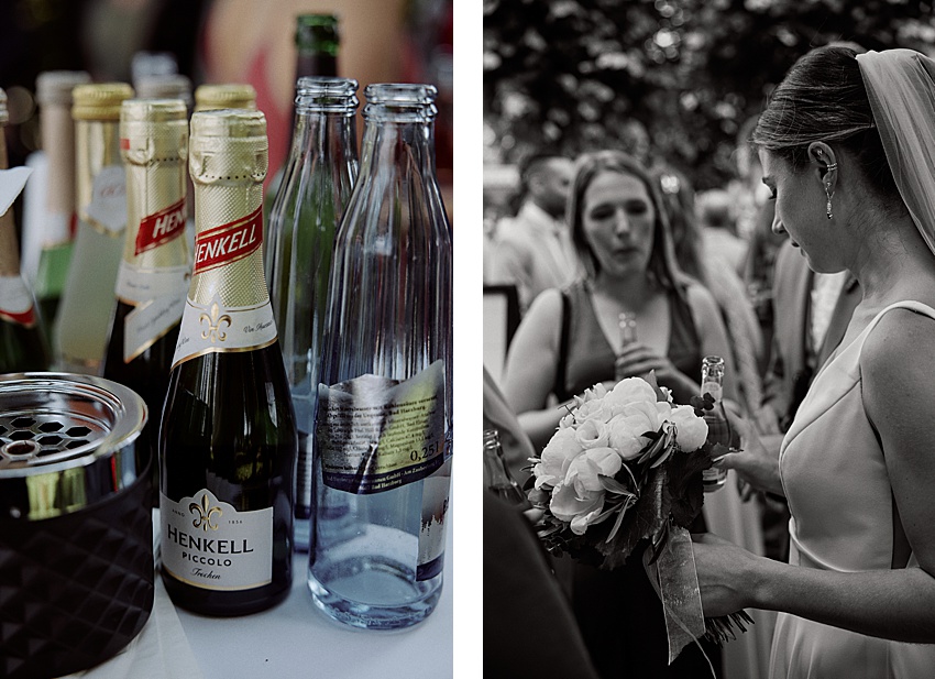 Linke Seite: Flaschen mit Sekt und Wasser von Henkell Piccolo zieren einen Tisch. Rechte Seite: Eine Braut mit Schleier hält einen Blumenstrauß und steht neben einer Frau mit einem Drink bei einer intimen Standesamtlichen Hochzeit in Hannover, möglicherweise mit Blick auf die malerischen Herrenhäuser Gärten.