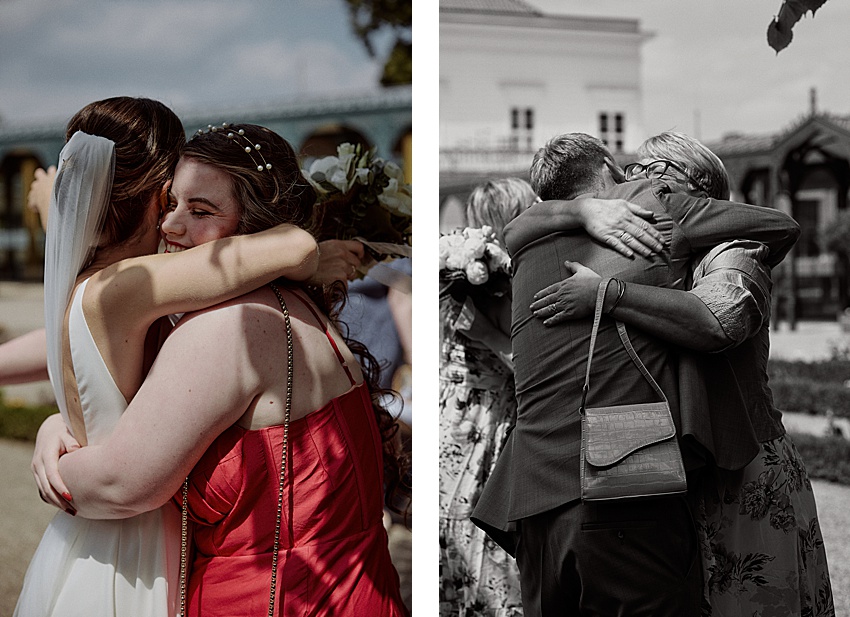 Zwei nebeneinander liegende Fotos zeigen freudige Umarmungen im Freien. Links umarmen sich zwei Frauen, eine davon in einem Brautkleid, vielleicht bei einer Standesamtlichen Hochzeit in Hannover. Rechts ist ein Schwarzweißbild zu sehen, das einen sich umarmenden Mann und eine sich umarmende Frau zeigt, was an zeitlose Feiern wie jene in den Herrenhäuser Gärten erinnert.