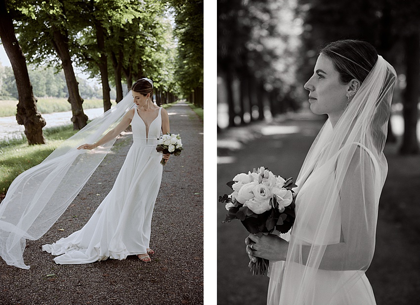 Zwei Bilder einer Braut in einem ärmellosen weißen Kleid, die einen Blumenstrauß hält. Links steht sie draußen in den Herrenhäuser Gärten und richtet ihren langen Schleier. Rechts posiert sie im Profil mit Bäumen am Weg und fängt die Essenz einer Standesamtlichen Hochzeit ein. Das rechte Bild ist schwarzweiß.