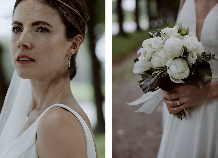 Das Bild ist in zwei Abschnitte unterteilt. Der linke Abschnitt zeigt eine Frau im Brautkleid, die zur Seite blickt. Der rechte Abschnitt zeigt sie mit einem Strauß weißer Blumen und Grünpflanzen in der Hand auf einem malerischen Weg in den Herrenhäuser Gärten und verkörpert damit die Eleganz einer standesamtlichen Hochzeit in Hannover.