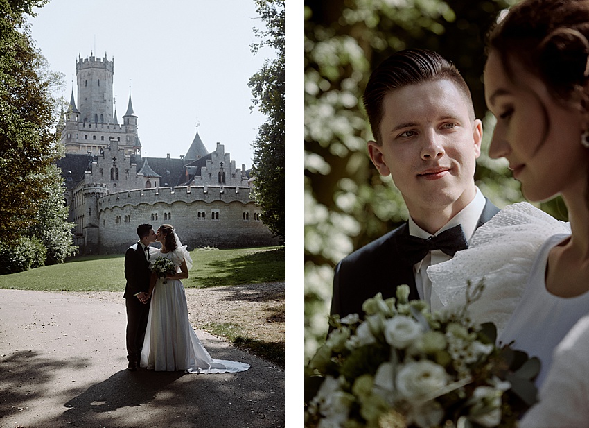 Das Bild zeigt eine Collage aus zwei Fotos, die besondere Momente eines Paares bei ihrem Hochzeitsshooting festhält. Links stehen sie zusammen vor Schloss Marienburg, und rechts sind ihre Gesichter intim zu sehen, während der Bräutigam die Braut ansieht.