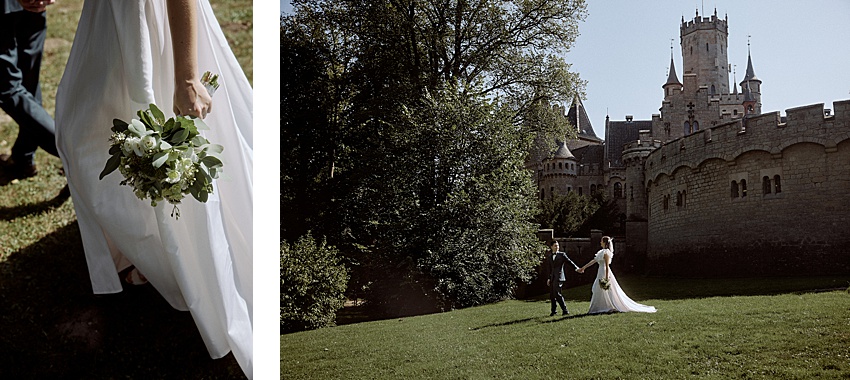 Linkes Bild: Eine Nahaufnahme einer Braut, die einen Strauß weißer und grüner Blumen hält und über Gras läuft. Rechtes Bild: Ein Hochzeitsshooting auf Schloss Marienburg zeigt Braut und Bräutigam bei einem Spaziergang in der Nähe des Schlosses, dessen Türme und Steinmauern sich majestätisch gegen den klaren blauen Himmel abzeichnen.